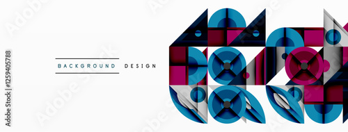 Geometric abstract composition with intersecting shapes, circles, triangles, and gradients, blending vibrant colors and dynamic contrasts to create a modern, futuristic visual design
