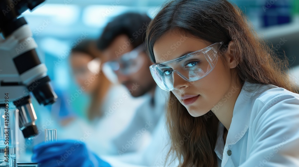 Portrait of a Female Scientist in a Laboratory with Research Team Portrait of a Female Scientist in a Laboratory with Research Team