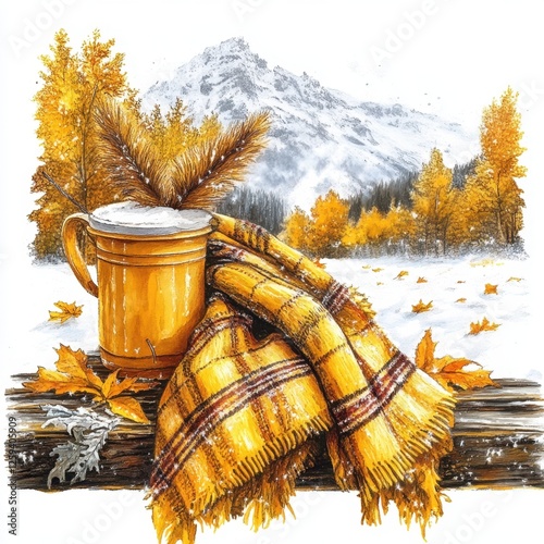 A cozy autumn scene featuring a mug, a plaid scarf, and a mountain backdrop.