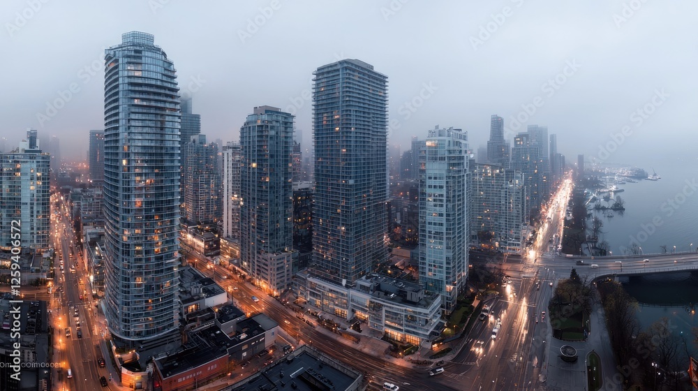 Fototapeta premium City Skyline at Dawn, Aerial View of Skyscrapers