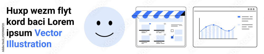 Happy face, storefront banner, analytics dashboard with chart and text. Ideal for e-commerce, analytics, marketing, business planning, customer satisfaction, digital strategies audience engagement Happy face, storefront banner, analytics dashboard with chart and text. Ideal for e-commerce, analytics, marketing, business planning, customer satisfaction, digital strategies audience engagement