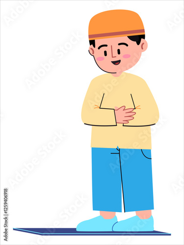 Muslim boy child character smiling happy facial expression focus salat praying position Islam religion prayer obligation spirituality activity male kid person icon design colorful illustration photo