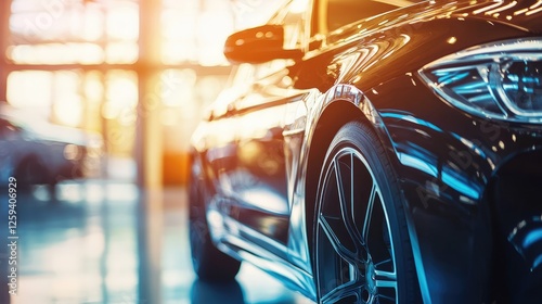 Cropped image of new car in dealers showroom. Detail of luxury car for lease in rent office. Car sales business