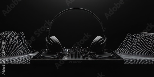 Headphones sit on top of a dj mixer with soundwaves photo