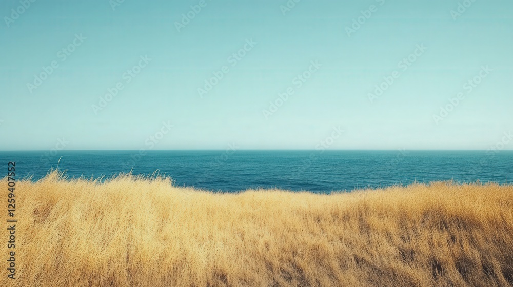coastal landscape with golden dry grass swaying in the breeze, contrasting against the deep blue ocean under a cloudless sky coastal landscape with golden dry grass swaying in the breeze, contrasting against the deep blue ocean under a cloudless sky