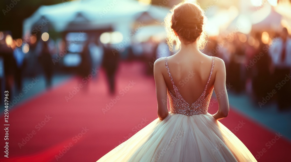 Naklejka premium Elegant woman in a stunning gown walks down a red carpet at a glamorous outdoor event during sunset
