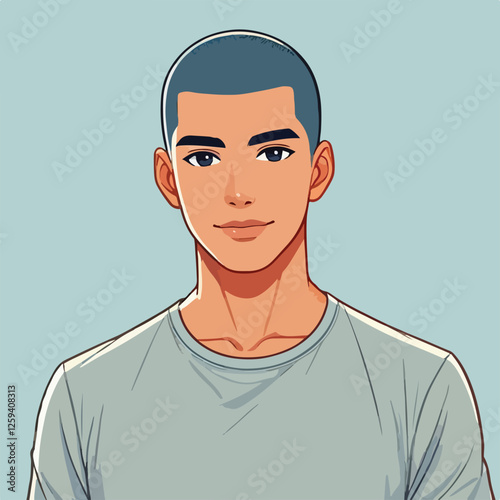 A good-looking man with a buzz cut, wearing a plain t-shirt, illustrated in a flat style