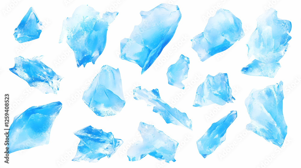 Naklejka premium Scattered ice chunks, studio shot, white background, for drinks