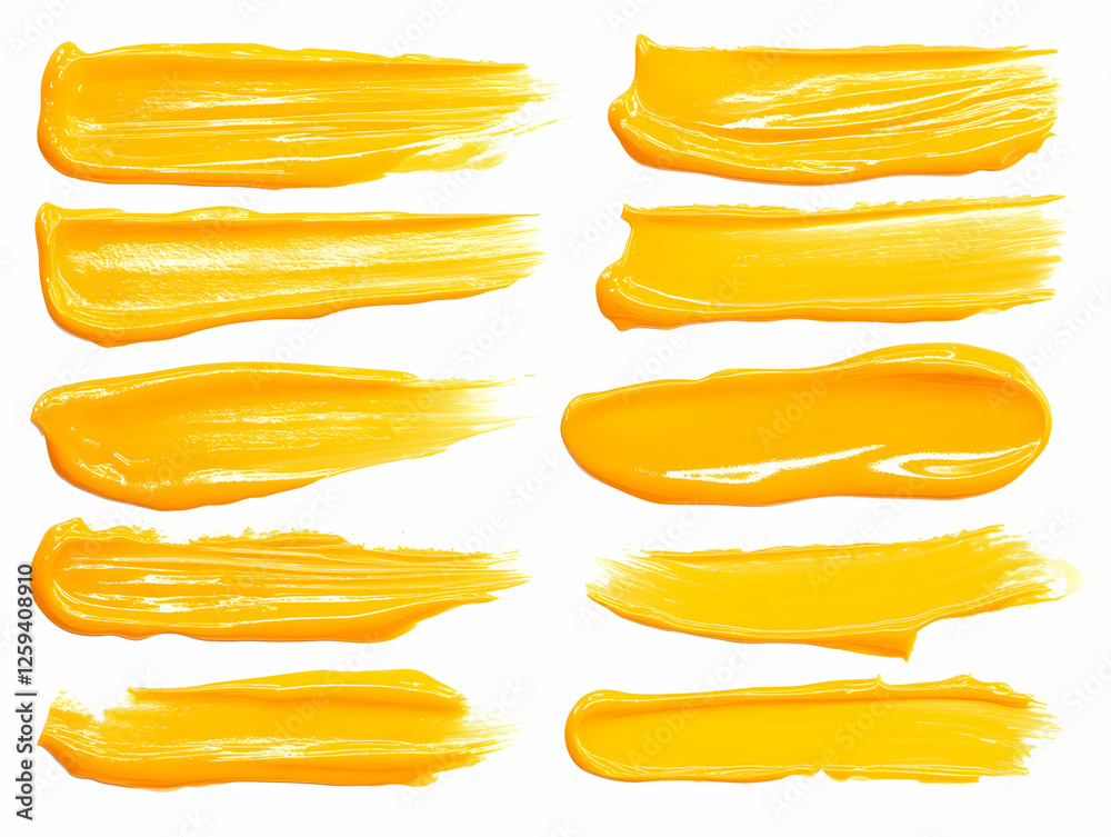 Obraz premium Yellow paint strokes, texture samples, white background, design element