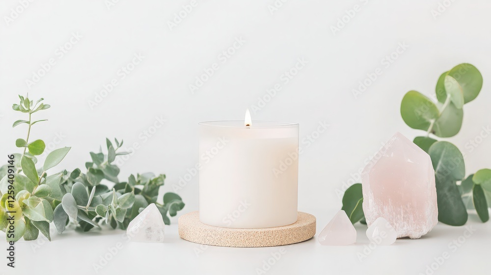 Lit candle surrounded by eucalyptus and rose quartz crystals. Serene and calming aesthetic. Lit candle surrounded by eucalyptus and rose quartz crystals. Serene and calming aesthetic.