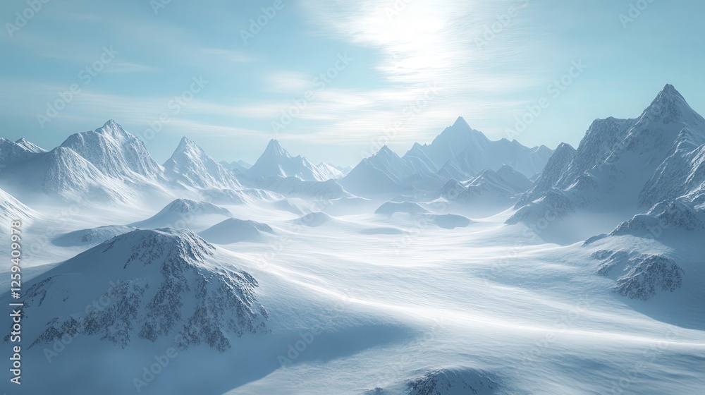 Arctic landscape, featuring snow-capped mountains under a pale blue sky, with a blanket of untouched snow stretching as far as the eye can see. Arctic landscape, featuring snow-capped mountains under a pale blue sky, with a blanket of untouched snow stretching as far as the eye can see.