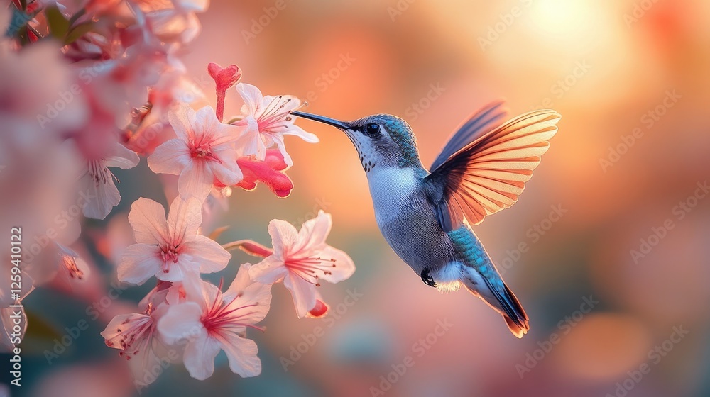 Fototapeta premium A hummingbird hovering gracefully near vibrant pink flowers during a serene sunset