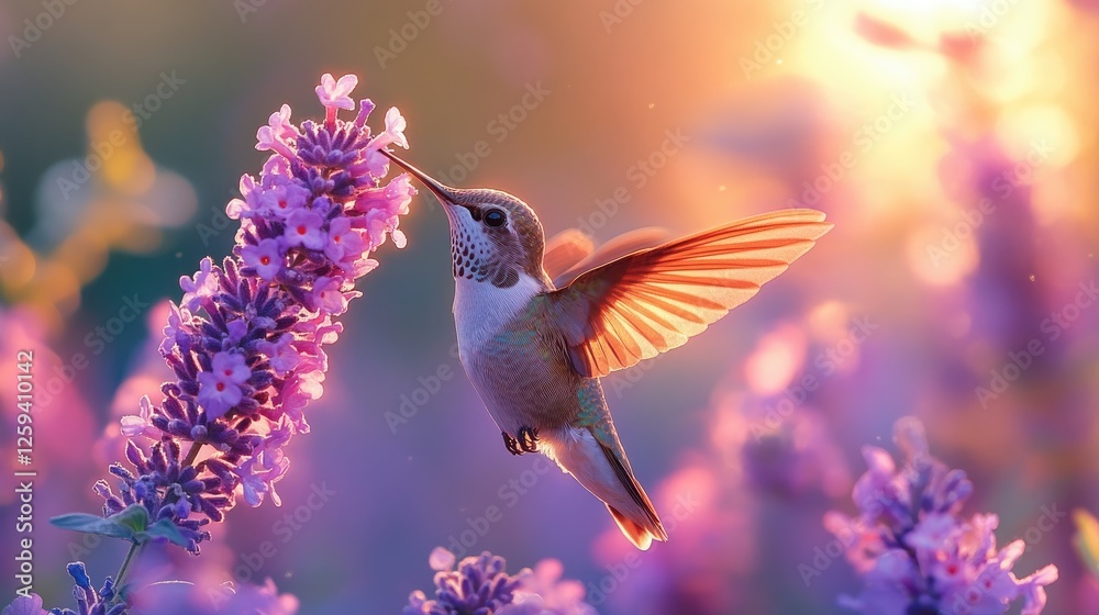 Fototapeta premium A hummingbird hovering near vibrant lavender flowers during a soft sunset glow