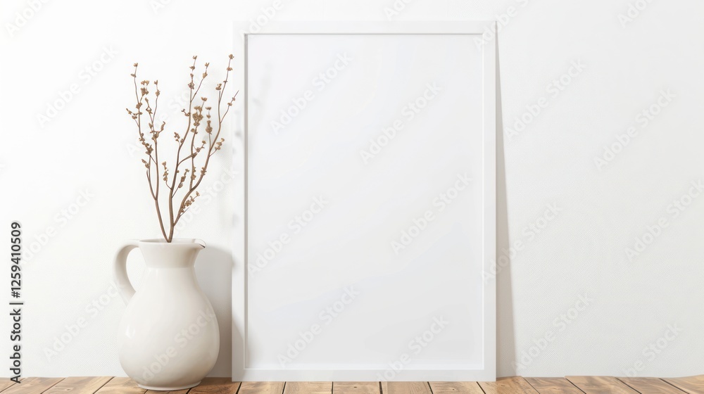 Modern Farmhouse Interior with White Mock-Up Frame, Vase, and Twigs on Old Wooden Floor 