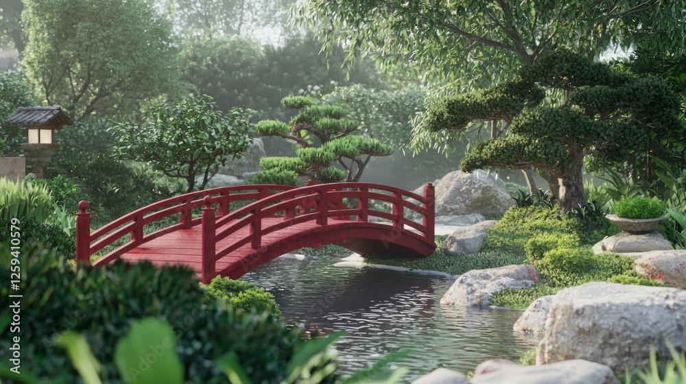 Tranquil Japanese Garden with Red Bridge and Serene Landscape Tranquil Japanese Garden with Red Bridge and Serene Landscape
