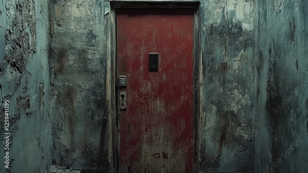 fire exit door in a decaying building, its faded paint and worn edges reflect the wear of time, highlighting its importance in a space that has stood the test of years fire exit door in a decaying building, its faded paint and worn edges reflect the wear of time, highlighting its importance in a space that has stood the test of years