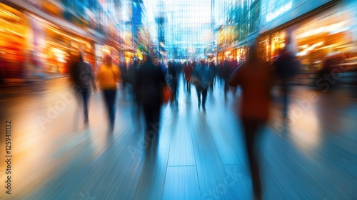 Blurred motion of people in a busy city street at night. Illustrates the fast pace of modern urban life and crowds.
