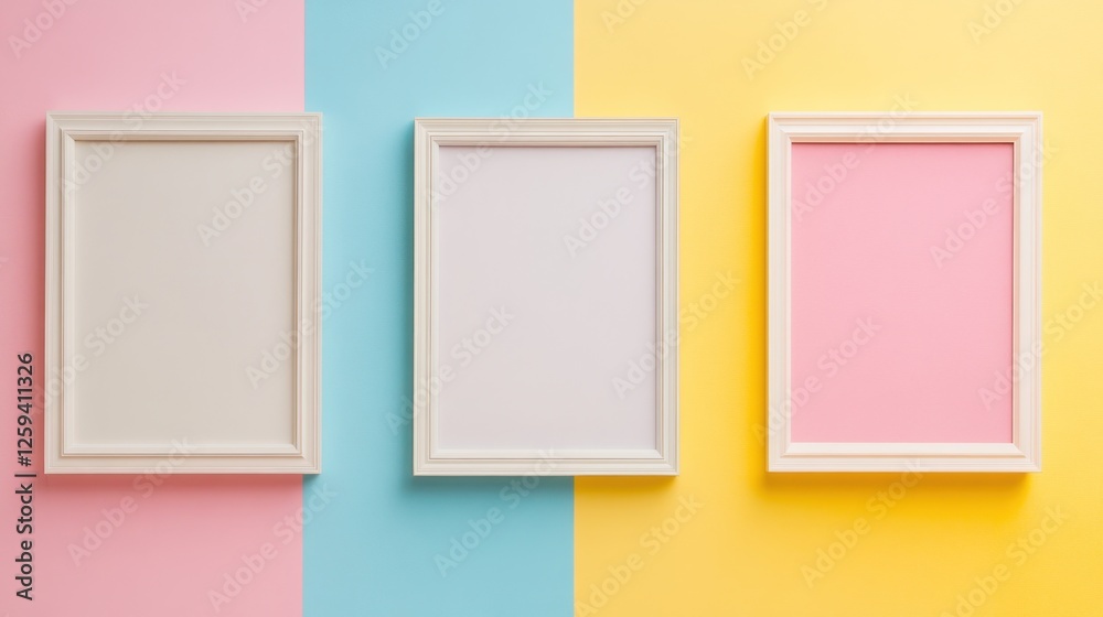 Three empty picture frames arranged against colorful pastel backgrounds, suggesting a creative display or art project Three empty picture frames arranged against colorful pastel backgrounds, suggesting a creative display or art project