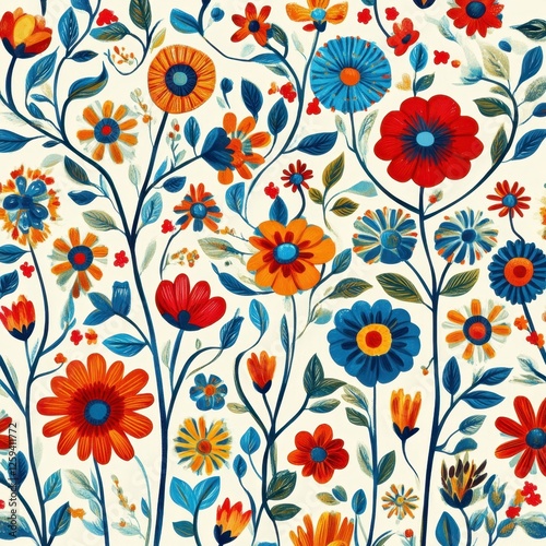 Wallpaper Mural A vibrant floral pattern featuring various colorful flowers and leaves. Torontodigital.ca