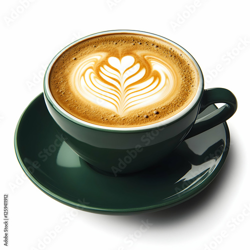 Latte art coffee cup, cafe drink, white background, menu use