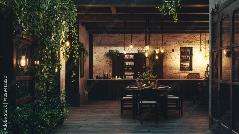 Fototapeta premium Elegant Refined Dining Area with Dark Wood and Greenery Accents