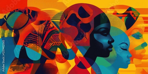 Graphic artwork depicts diverse women with bold african patterns