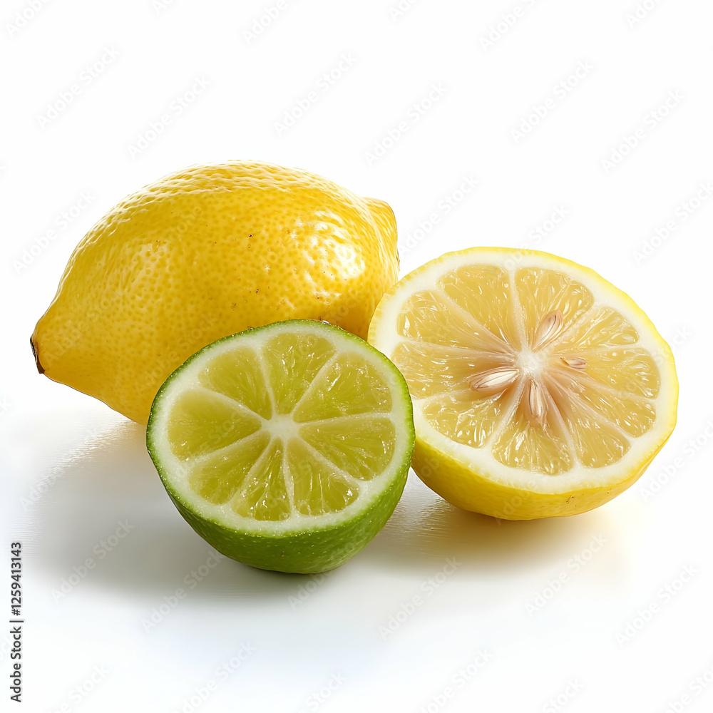 Fresh lemon and lime halves, isolated, white background, food photography, recipe ingredient Fresh lemon and lime halves, isolated, white background, food photography, recipe ingredient