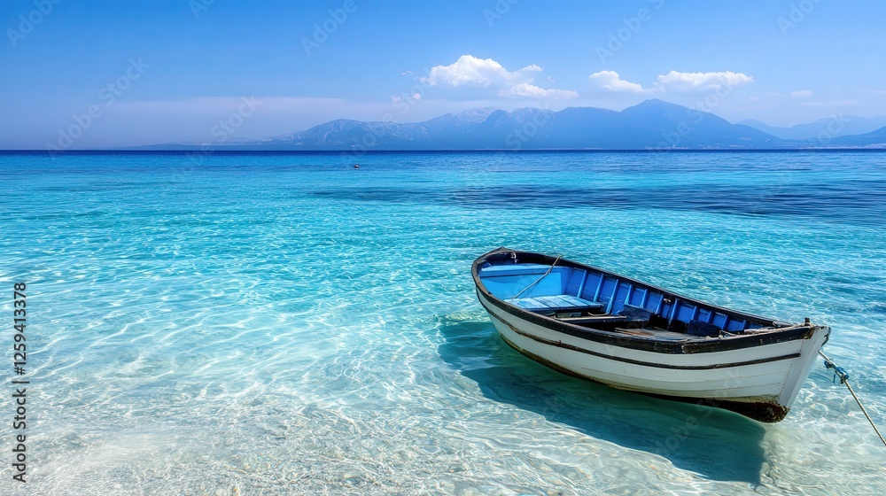 Naklejka premium fishing boat on the crystal-clear blue sea, with distant mountains completing the tranquil landscape, offering a serene and beautiful view