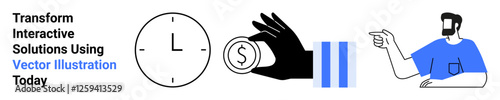 Clock, hand holding a coin, two pause bars, and a man pointing gesture. Ideal for time management, finance, guidance, solutions technology leadership corporate tools. Flat landing page banner