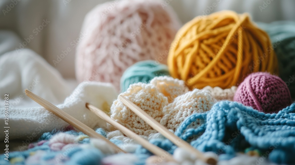 Scene of a crochet setup. Featuring yarn, hooks, and a partially finished piece. Highlighting the art of crochet. Ideal for DIY and craft blogs. Scene of a crochet setup. Featuring yarn, hooks, and a partially finished piece. Highlighting the art of crochet. Ideal for DIY and craft blogs.