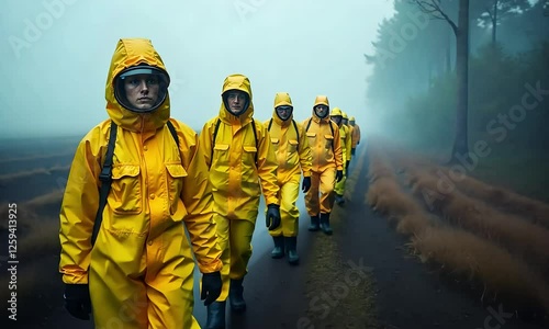 Hazmat Team in Fog: A team of hazmat workers, clad in yellow protective suits, strides through a misty forest, their solemn expressions hinting at the seriousness of their mission.