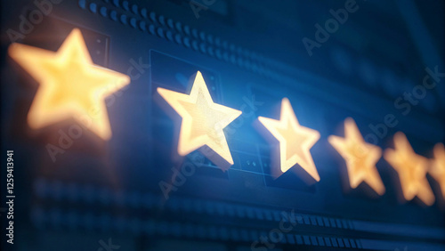 A close-up view of a digital rating system displaying three glowing stars on a blue background