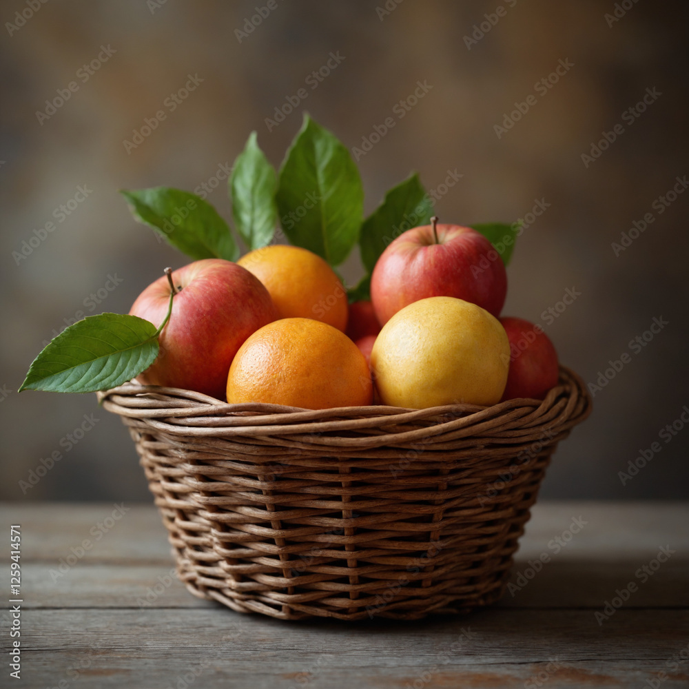 Basket filled with fresh apples, oranges, lemons on rustic wooden table Basket filled with fresh apples, oranges, lemons on rustic wooden table