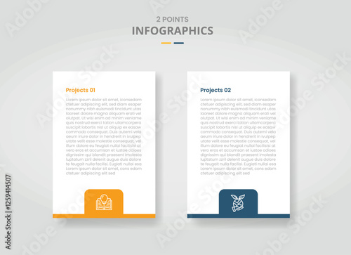 2 points template comparison concept for infographic with vertical box with badge on bottom and drop shadow style with two point list information