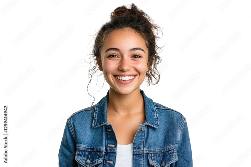 Smiling girl in denim jacket isolated on white or transparent, PNG Smiling girl in denim jacket isolated on white or transparent, PNG