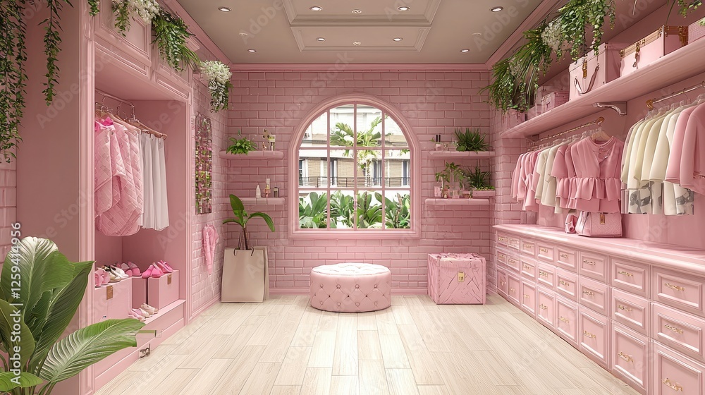 Fototapeta premium Elegant pink boutique interior showcasing stylish clothing and accessories with greenery outside