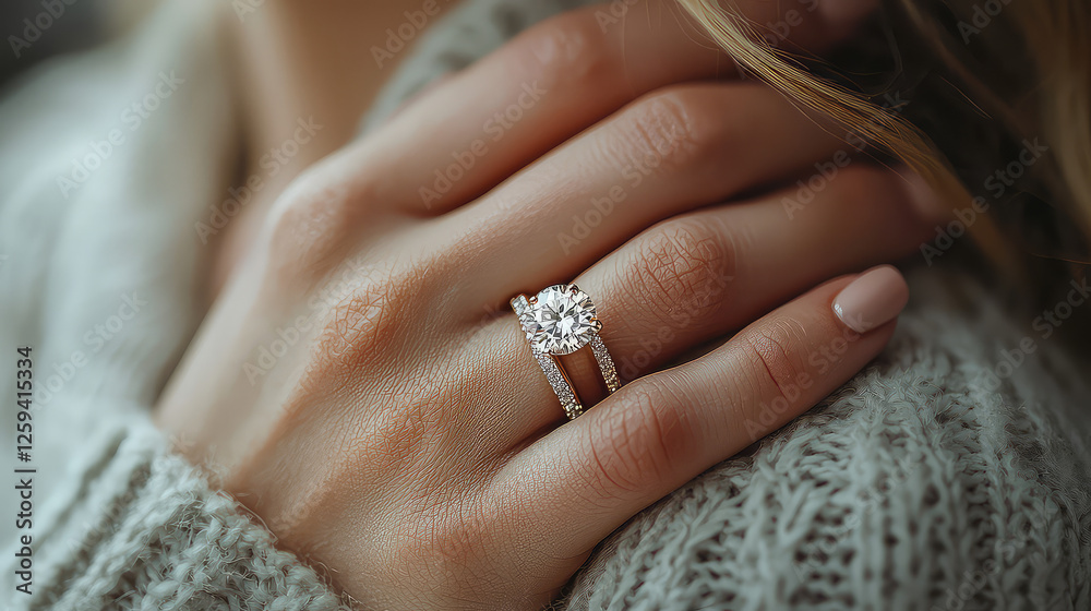 Close-up of a woman's hand showcasing a sparkling diamond engagement ring and wedding band. The ring features a large, brilliant-cut center diamond surrounded by smaller diamonds. The woman's hand re Close-up of a woman's hand showcasing a sparkling diamond engagement ring and wedding band. The ring features a large, brilliant-cut center diamond surrounded by smaller diamonds. The woman's hand re