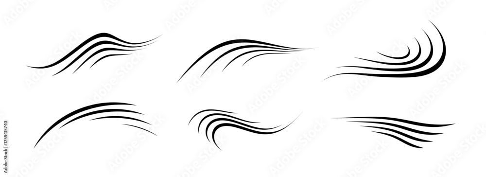 Fototapeta premium Flowing wind motion line set. Air wave shape collection. Blowing hurricane, breeze or storm lines concept. Black swirls and curves bundle. Vector flow movement and gust symbol pack