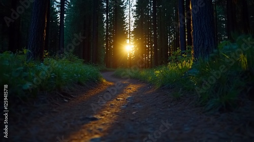 Sunset trail path through pine forest