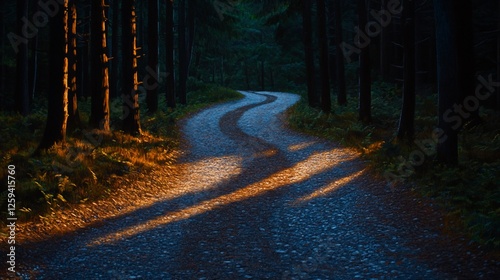Forest path winding through trees at sunset, shadows cast on gravel