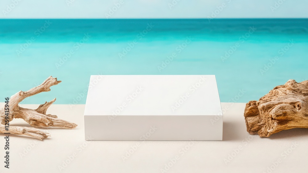 White display box on a sandy beach with ocean background. Minimalist summer mockup. White display box on a sandy beach with ocean background. Minimalist summer mockup.