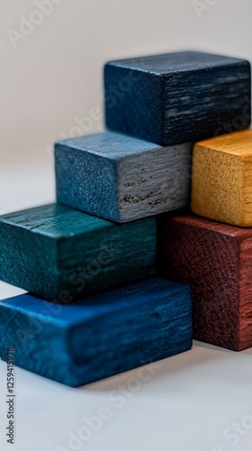Colorful wooden blocks stacked pyramid, studio, blurred background, educational toy