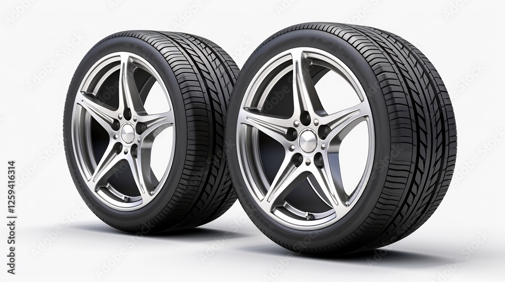 Fototapeta premium Stylish Alloy Wheels: A Close-Up of Two Modern Car Tires