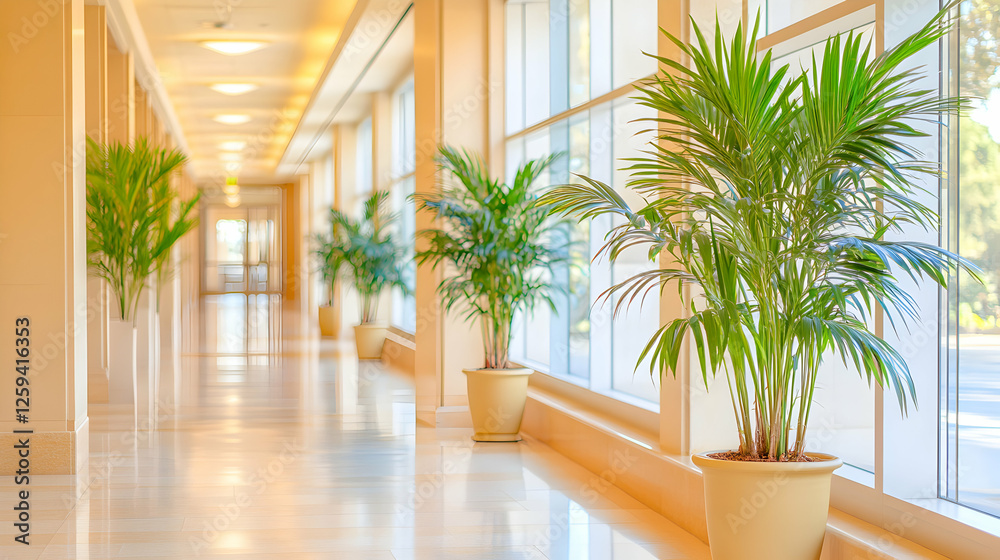 Fototapeta premium Serene corridor with large potted plants, bright windows, and polished floors. Ideal for corporate, hotel, or wellness themes.