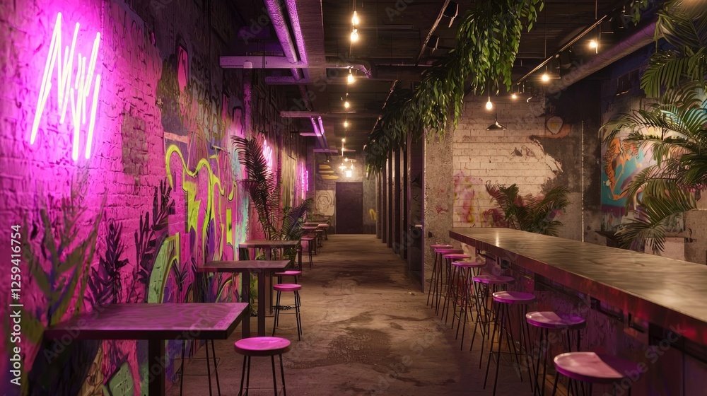 Obraz premium Vibrant Street Art Cafe with Neon Lights and Relaxing Vibes