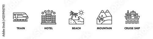 Travel and Holiday banner web icon illustration concept with icon of train, hotel, beach, mountain, and cruise ship