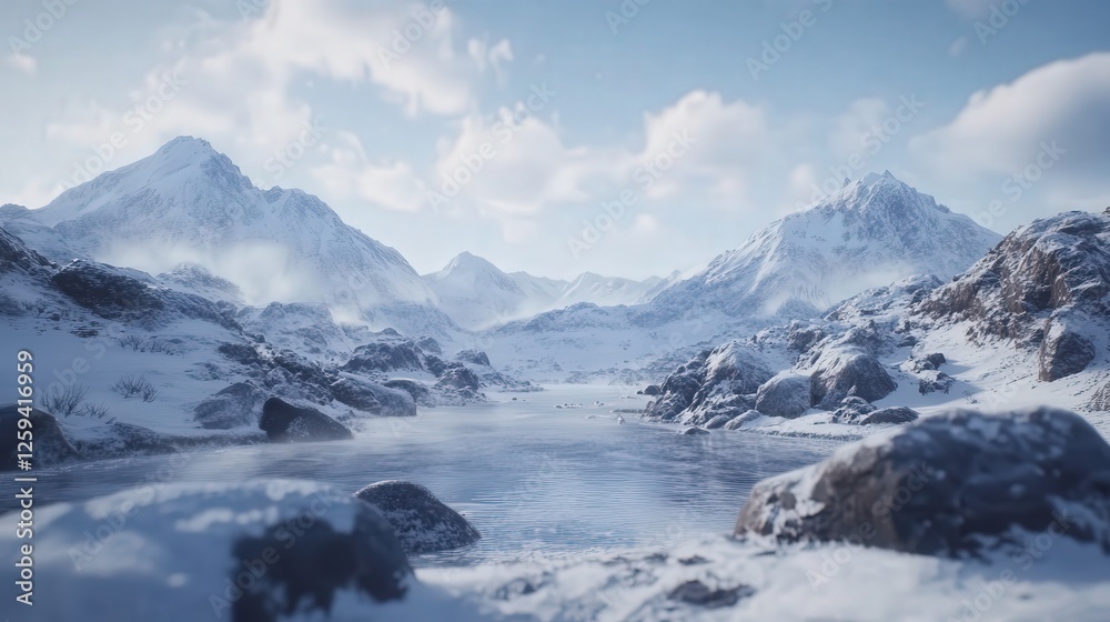 Arctic landscape, with snow-capped mountains framing a peaceful, snowy terrain that stretches out into the cold horizon Arctic landscape, with snow-capped mountains framing a peaceful, snowy terrain that stretches out into the cold horizon