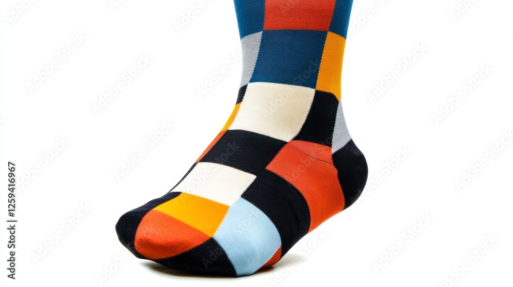 Socks with a checkered pattern, isolated on a white background. Socks with colorful patterns, in shades of orange, blue, yellow, grey, and black, against a white background Socks with a checkered pattern, isolated on a white background. Socks with colorful patterns, in shades of orange, blue, yellow, grey, and black, against a white background