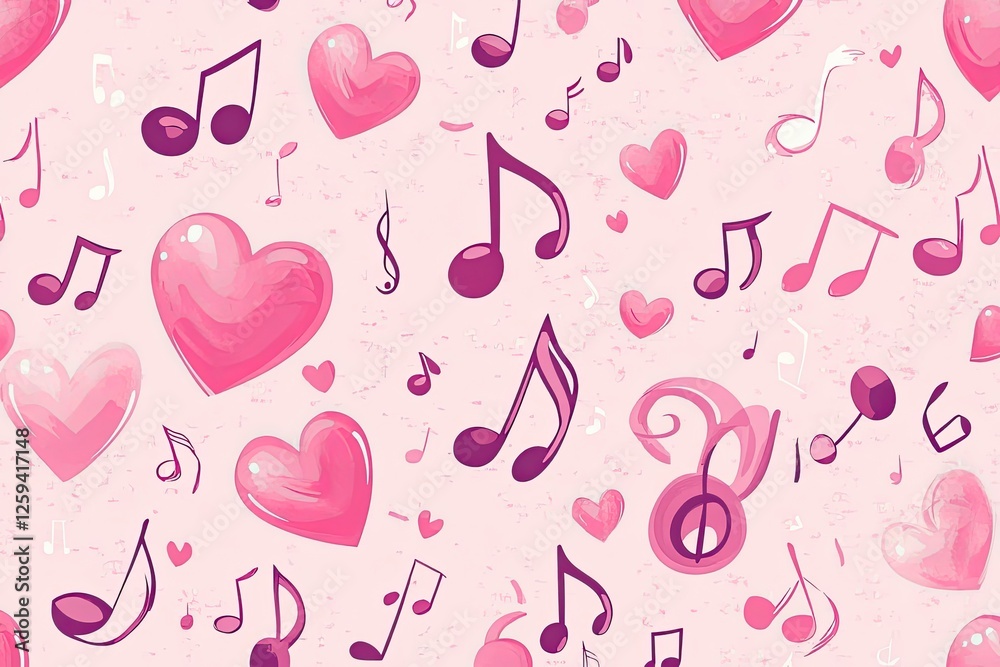Seamless pink pattern with musical notes, treble clefs, and hearts. Perfect for Valentine's Day, with generative ai