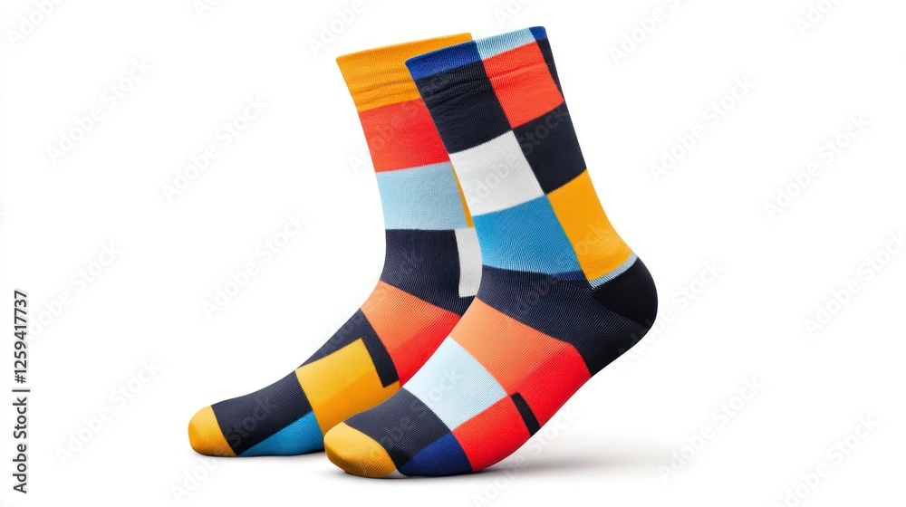 Socks with a checkered pattern, isolated on a white background. Socks with colorful patterns, in shades of orange, blue, yellow, grey, and black, against a white background Socks with a checkered pattern, isolated on a white background. Socks with colorful patterns, in shades of orange, blue, yellow, grey, and black, against a white background